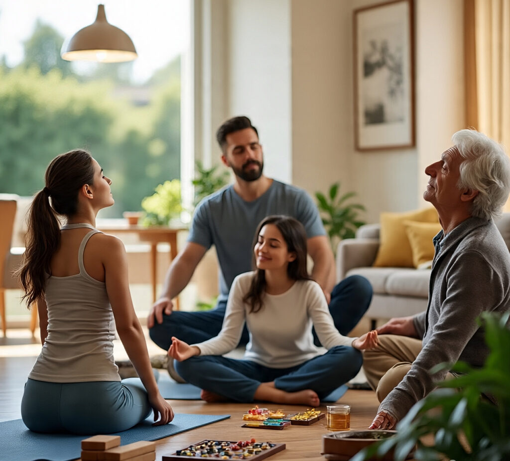 four people engaged in different wellness activities