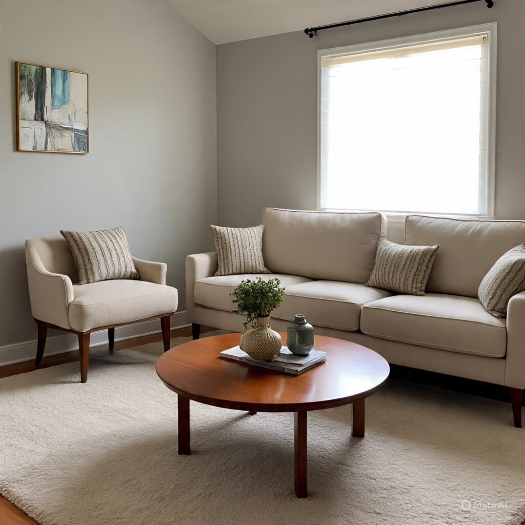 image of a small living room with a round coffee table and leggy furniture here