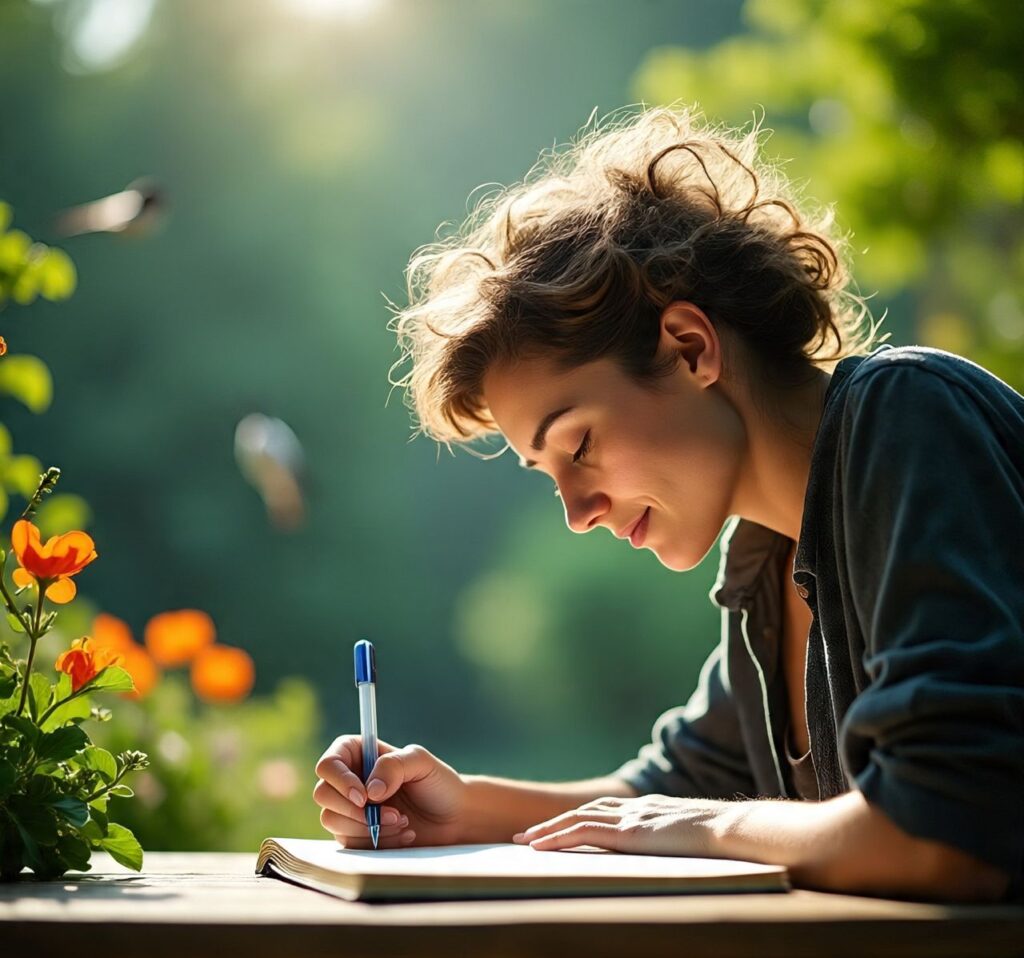 a person practicing morning journaling in natural light
