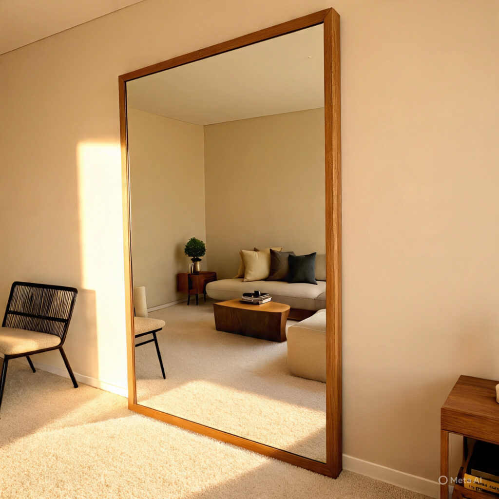 image of a small, brightly lit living room with a large mirror 