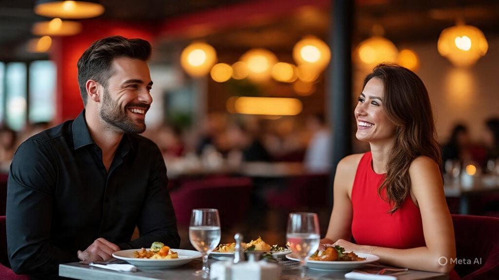 image of a confident man smiling on a date in a trendy, modern restaurant, looking engaged and happy.