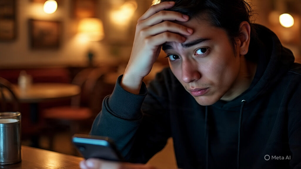a person looking at their phone with a confused or anxious expression, perhaps in a moody, dimly lit cafe.