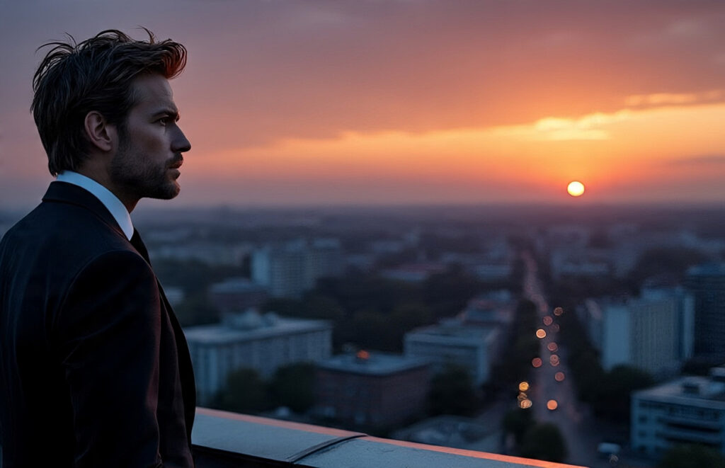 image of a solitary, stylish man looking out over a cityscape at dawn, conveying contemplation and the start of a new day.