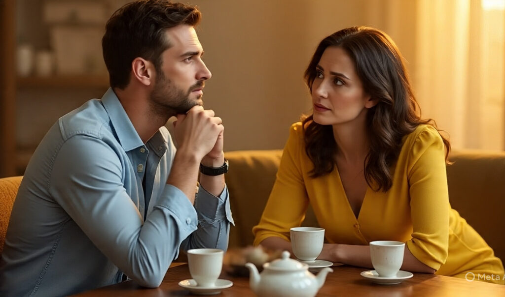 image of two people having a serious, but calm conversation over a cup of tea here.