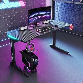 SAVYA HOME Gaming Desk-60x140x117cm/Gaming Table for Gaming Setup/Computer Table for Home/Study Table for Students/Study Table for Adults/RGB 7-Color Light/Headphone Hook, Cup Holder/Black