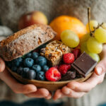 Woman holding a variety of food, symbolizing intuitive eating and trusting your body's signals.