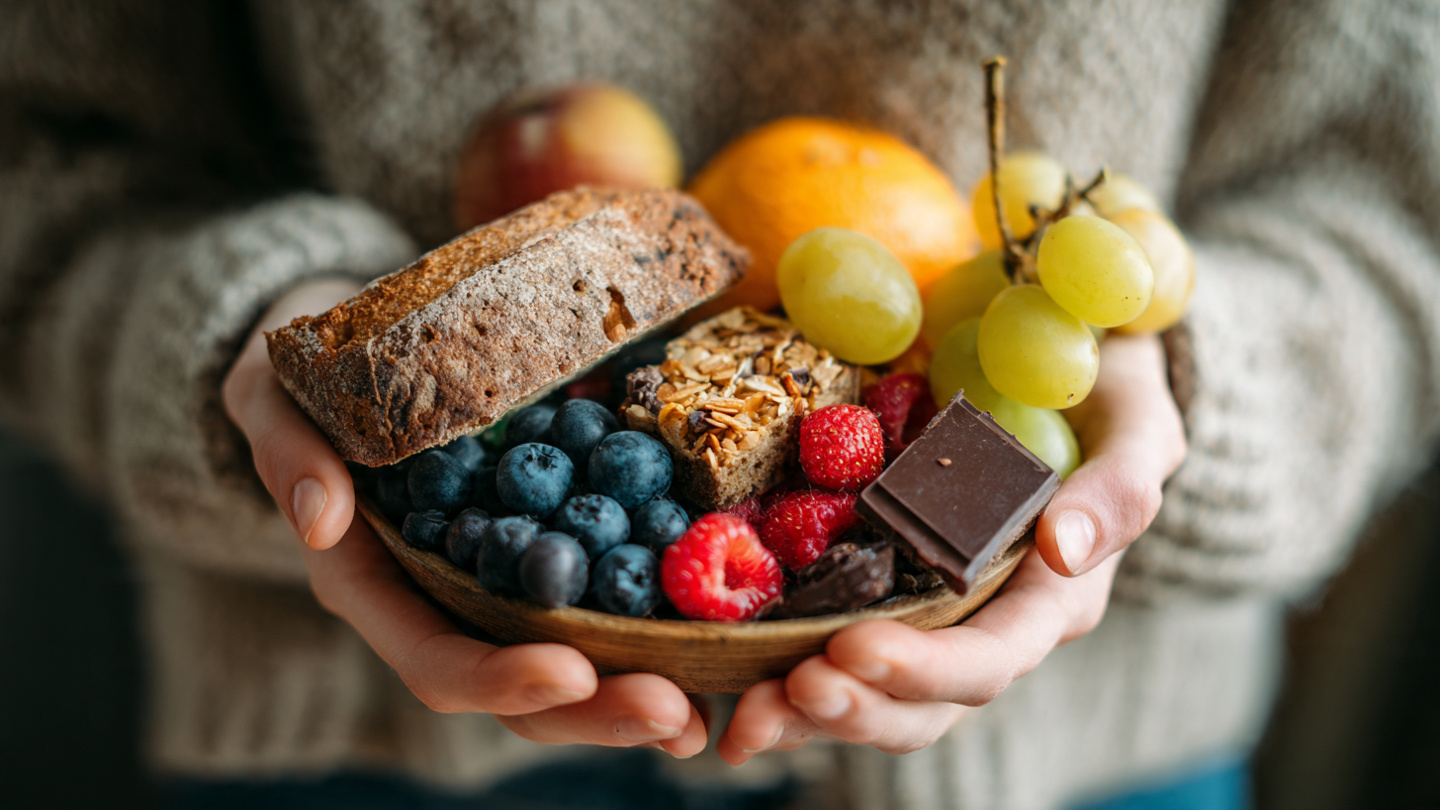 Woman holding a variety of food, symbolizing intuitive eating and trusting your body's signals.