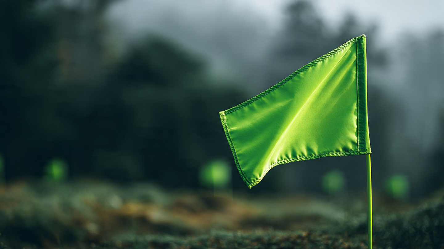 Minimalist shot of a bright green flag symbolizing a healthy relationship and emotional maturity.
