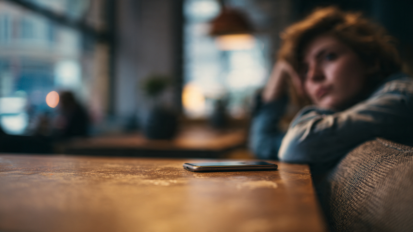 Woman looking peaceful with phone face down—taking a break from dating apps to cure dating fatigue.